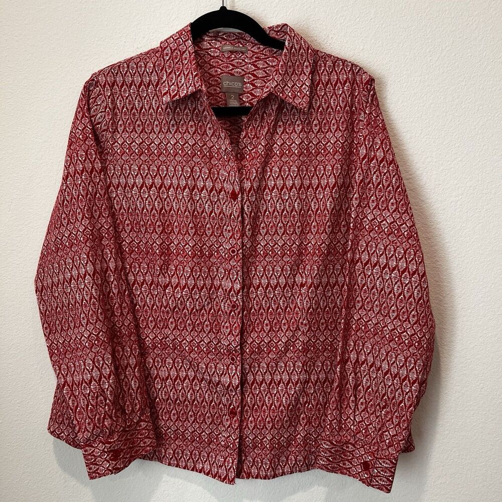 Chico's Scarlet Red Whimsy Mix Lorena Long Slv Button Down Shirt Sz 2 L Office